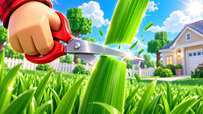 Split-screen view of tall grass in Cut all the Grass: red scissors cutting blades on the left and an orange chainsaw clearing the same yard on the right.